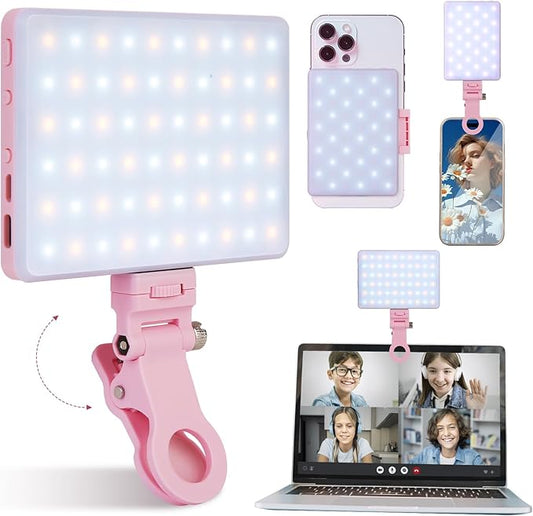 Inspack 60 LED Selfie Light for iPhone, with Back Clip & Front, Portable Phone Clip for Tiktok Video Recording, Zoom Calls Lighting Computer, High Power Rechargeable with 3 Light Modes, Pink