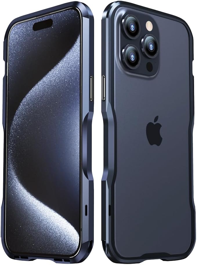HENGHUI Aluminum Bumpers for iPhone 15 Pro Max Bumper Case with Strap Hole Metal Frame Bumper Cover Shock Absorbent Slim Cool Design (Blue)