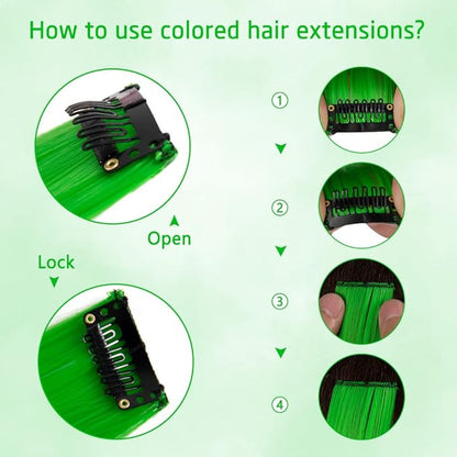 14 PCS Colored Clip In Hair Extensions 20 Inch Colorful Party Highlights Clip In Straight Rainbow Hairpieces, Halloween Cosplay Christmas New Year Gift For Women Kids Girls, Light Green