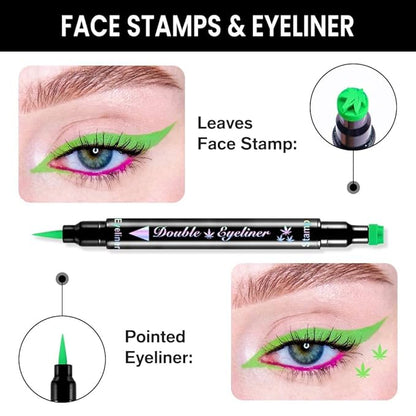 7Pcs Colored Liquid Eyeliners with Face Stamps – Black Brown Purple Blue Red Pink Green Star Flower Heart Moon Triangle Stamps for Cosplay & Gothic Makeup – Beginner-Friendly (multicolor-7Pcs-set02)