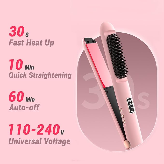 1” Flat Iron with Straightening Comb, 2-in-1 Hair Straightener Brush for Styling and Frizz Control, 30+ Temps, Negative Ions Hair Care, Dual Voltage, for All Hair Types, Pink
