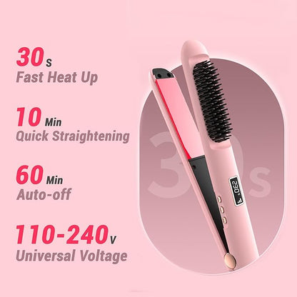 1” Flat Iron with Straightening Comb, 2-in-1 Hair Straightener Brush for Styling and Frizz Control, 30+ Temps, Negative Ions Hair Care, Dual Voltage, for All Hair Types, Pink