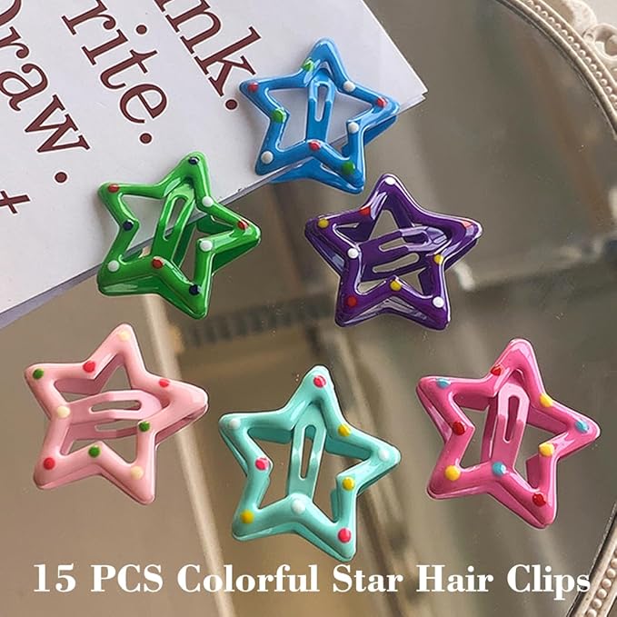 15 PCS Metal Hair Barrettes - Non-Slip 1.22" Star Snap Hair Clips for Girls, Women, and Children - Multicolor Hair Accessories