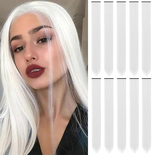 22 inch Colored Hair Extensions, Multi-colors Party Highlights Clip in Long Synthetic Hair Extensions for Girls Women Kids Party Gift(10 PCS White)
