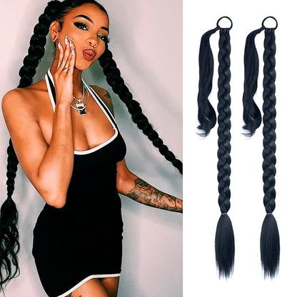 2 Pack Long DIY Braided Ponytail Extension with Hair Tie Straight Wrap Around Hair Extensions Ponytail(1B#)