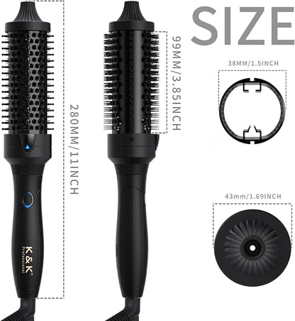 K&K Thermal Brush, 1.5 Inch Heated Round Brush, Professional Heated Curling Ceramic Tourmaline Ionic Curling Iron, Hot Styling Volumizing Tool, Dual Voltage Black