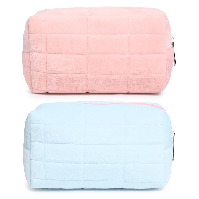 2 Pieces Makeup Bag Cute Cosmetic Bag Plush Pink Blue Checkered Makeup Pouch Coquette Travel Toiletry Bag Organizer Fluffy Makeup Brushes Puffy Storage Bag for Women