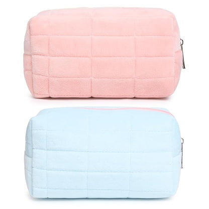2 Pieces Makeup Bag Cute Cosmetic Bag Plush Pink Blue Checkered Makeup Pouch Coquette Travel Toiletry Bag Organizer Fluffy Makeup Brushes Puffy Storage Bag for Women
