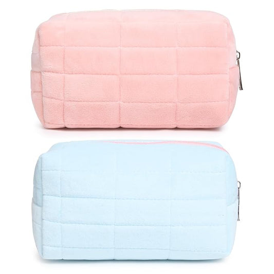 2 Pieces Makeup Bag Cute Cosmetic Bag Plush Pink Blue Checkered Makeup Pouch Coquette Travel Toiletry Bag Organizer Fluffy Makeup Brushes Puffy Storage Bag for Women