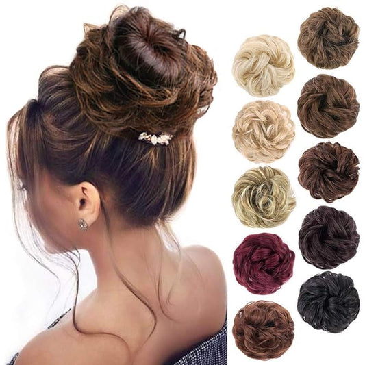 MORICA 1PCS Messy Hair Bun Hair Scrunchies Extension Curly Wavy Messy Bun Hair Synthetic Chignon Hairpieces for Women(2/30#(Darkest Brown & Light Auburn Mixed))