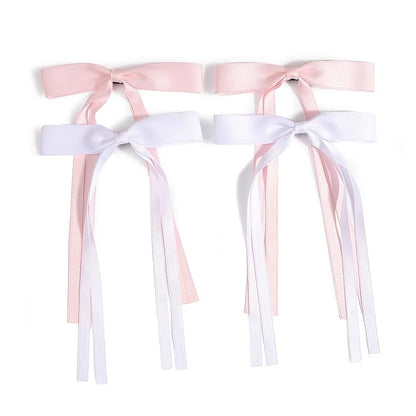 4 PCS Tassel Ribbon Bowknot Hair Clips With Long Tail for Women Girl Teens Kids, Solid Holder Fashion Bow Bowknot Hair Accessories Headwear Barrettes Claw(Pink&White)