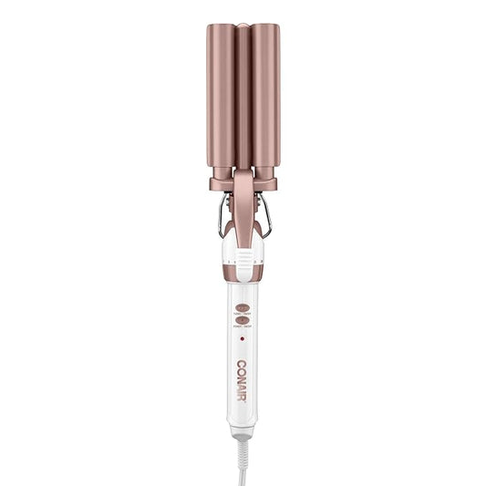 Conair Double Ceramic 3 Barrel Curling Iron, Hair Waver, Create Beachy Waves, Long-Lasting Natural Tight Waves for all Hair Lengths, White / Rose Gold