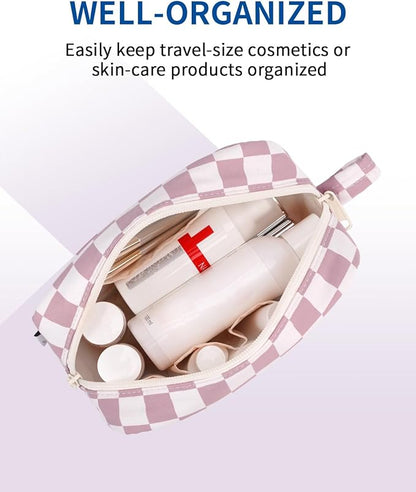 Narwey Small Cosmetic Bag, Small Makeup Bag for Purse, Travel Mini Makeup Pouch, Zipper Pouch, Cute Checkered Makeup Bag with Organized Pockets for Women (Dusty Rose Checkerboard, Small)