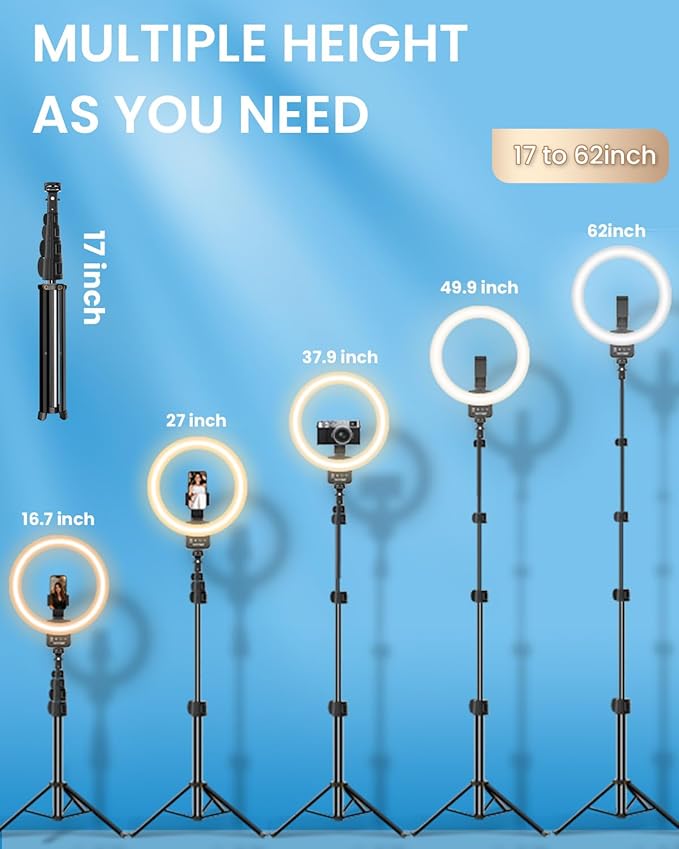 12'' Ring Light with 62'' Extendable Tripod Stand, Selfie Ring Light with Stand and 2 Phone Holder for Live Stream/Makeup/YouTube/TikTok, Compatible with All Phones, Ipads and Cameras (12inch)