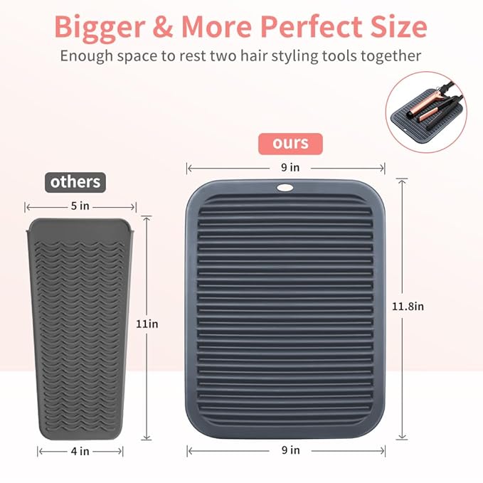 Larger Silicone Heat Resistant Styling Station Mat - Curling Iron Holder - Straightener Pad - Flat Iron Holder - Hot Tool Mat - Salon Tools - Hot Iron Holster - Vanity Accessories (Dark Grey)