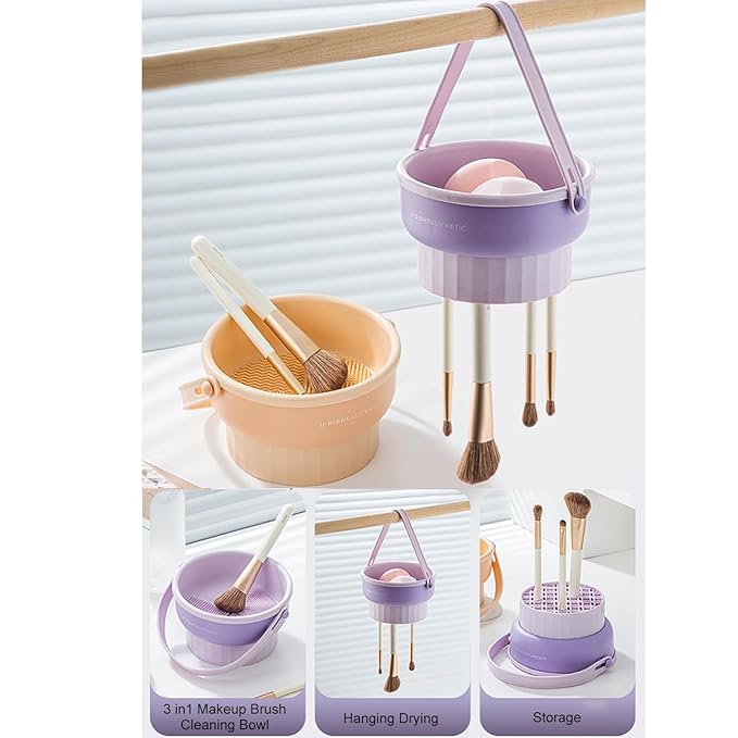 3 in 1 Brush Cleaning Mat with Brush Drying Holder, Silicone Makeup Brush Cleaner Mat Make Up Brush Cleaning Bowl Cosmetic Brush Washing Tool for Makeup Brush, Sponge, Powder Puff (Purple)