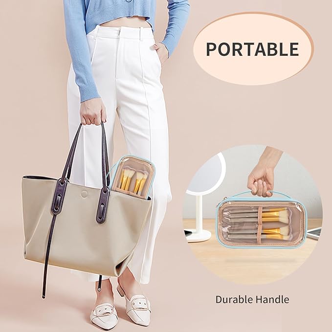 OCHEAL Clear Makeup Bag, Portable Makeup Storage Organizer Cosmetic Bag, Travel Makeup Bag Cute Pouch Women Girls Cosmetics Bags with Divider Makeup Brush Compartment-Lake Blue Clear