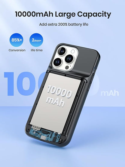 NEWDERY Battery Case for iPhone 15 Pro/iPhone 15 10000mAh, USB C Qi Wireless Charging Case, Portable Rechargeable Extended Charger Case Battery Pack - 2023 Release Black