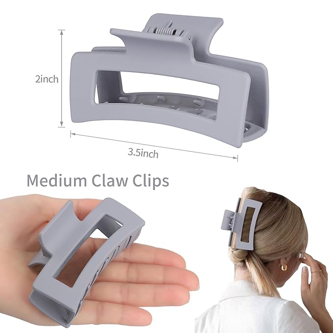 3.5 Inch Medium Hair Claw Clips 6 Pack for Women - Square Rectangle Banana Jaw Clips Accessories for Girls - Brown Grey