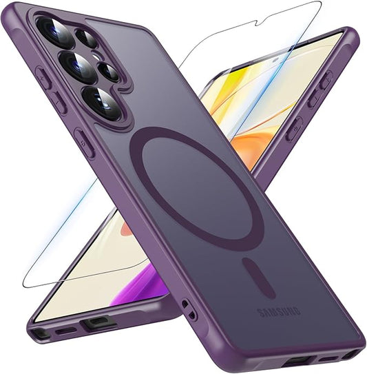 OWKEY Samsung Galaxy S25 Ultra Case 6.86'', Magnetic S25 Ultra Case for Magsafe with Tempered Glass Screen, [Shockproof Military] Translucent Back Slim Bumper Cover Phone Case Galaxy S25 Ultra, Purple