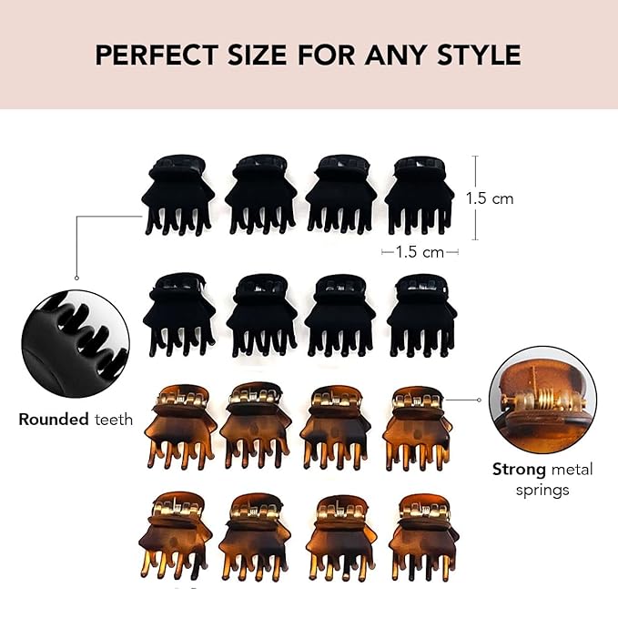 Kitsch Small Hair Clips for Women - Stylish Baby Hair Clips | Stays In Place Without Pulling or Snagging | Durable Plastic, Sturdy - Tortoise & Black, 16 Pcs