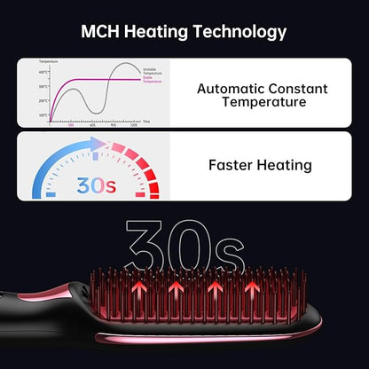 OMTech Hair Straightener Brush, Heated Brush for Women with Anti-Scald, Auto Temperature Lock and Auto-Off, MCH Fast Heating, Home, Barber Shop