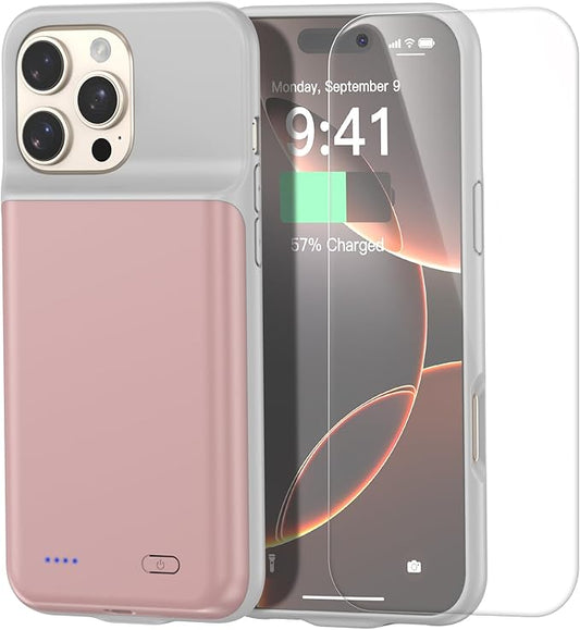 2025 New Upgraded 7000 mAh Travel Battery Case for iPhone 16Pro 6.3inch, Extra Battery Life 15W Fast Charging External Rechargeable Portable Charging Case with HD Tempered Protective Film,Pink