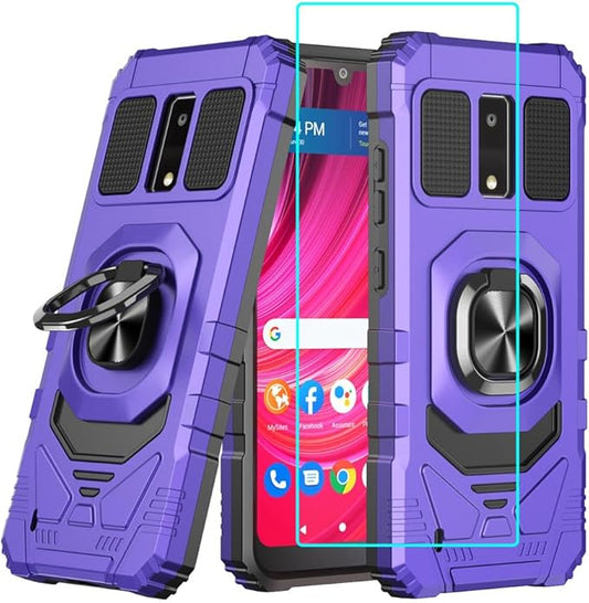for Blu View 4 Case with 1 Pack Screen Protector,Dual Layer Hybrid Heavy Duty Defender Protection,Sleek Rugged Reinforced Cushion Corner Kickstand Shockproof Bumper Cover for Blu View 4 B135DL Purple