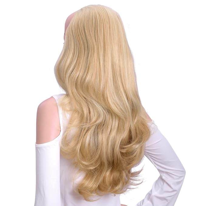 24 Inch Blond Wavy 3/4 Half Wig Long lightest Synthetic Hair Extensions Capless Wigs Hair Clips Extension For Women 210g（24“ #3）