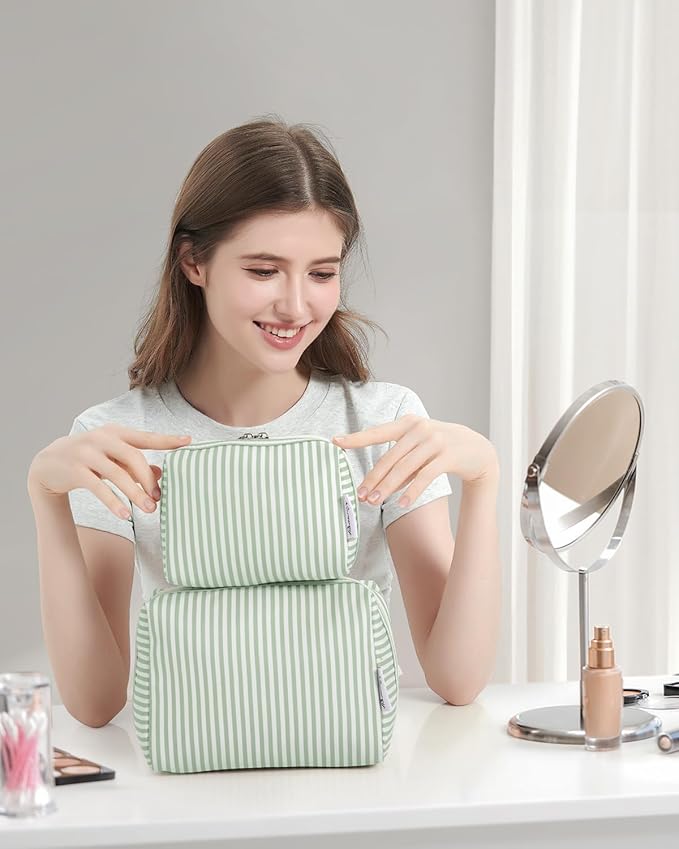 Narwey Striped Makeup Bag Travel Cosmetic Bag Organizer Toiletry Bag Make Up Bags with Compartments for Women Girls (Large, Mint Green Stripe)
