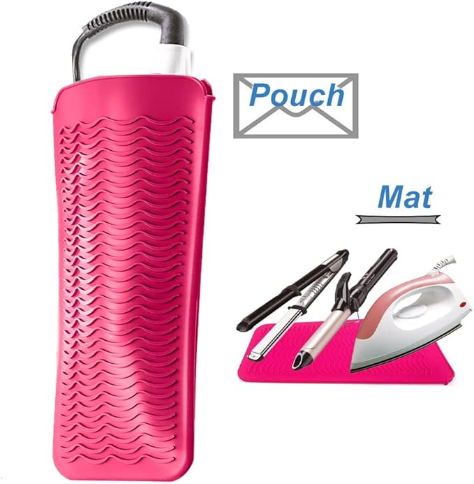 Heat Resistant Silicone Mat Pouch and Glove for Curling Irons, Hair Straightener, Flat Irons and Hair Styling Tools 11.5" x 6", Food Grade Silicone, Pink