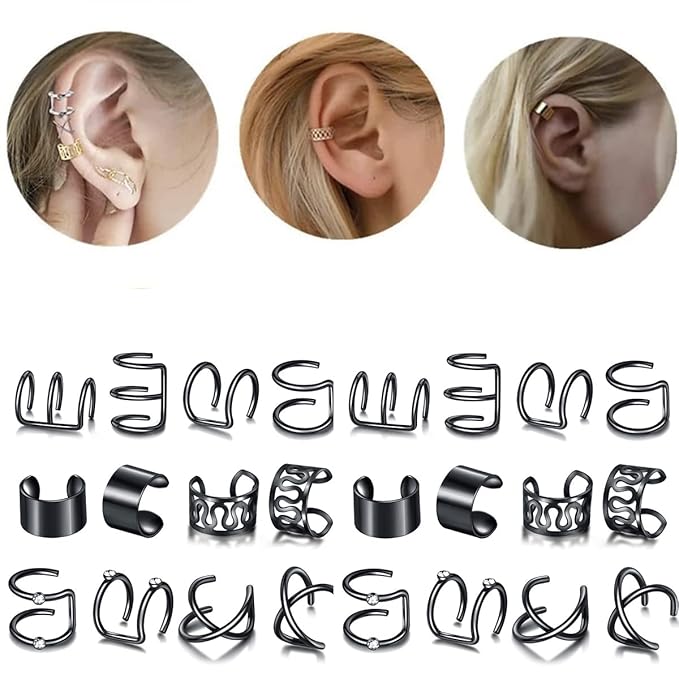 24 Pcs Black Hair Braids Dreadlock, Non-Piercing Ear Clip Beard Beads Cuffs Clip Hair for Women Men Hair Accessories Styling Jewelry Tools