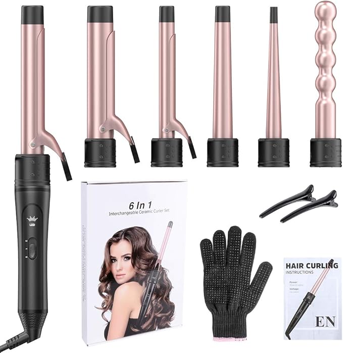 6-in-1 Curling Iron, Professional Instant Heat Up Hair Curling Wand Set with 6 Interchangeable Ceramic Barrels (0.35'' to 1.25'') and 2 Temperature Adjustments, Heat Protective Glove & 2 Clips