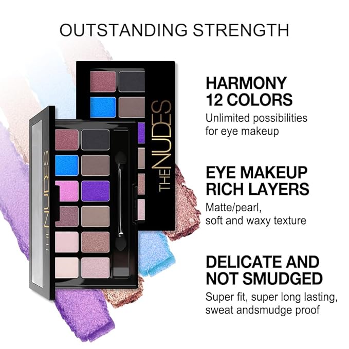 Twelve Eyeshadow Palette, Nude Brown Black Sky Blue Rose Pink Champagne Eyeshadow Palette Makeup,Highly Pigmented Pressed Powder Eyeshadow for Woman girls Eyes Long Lasting Naturing-Looking 02
