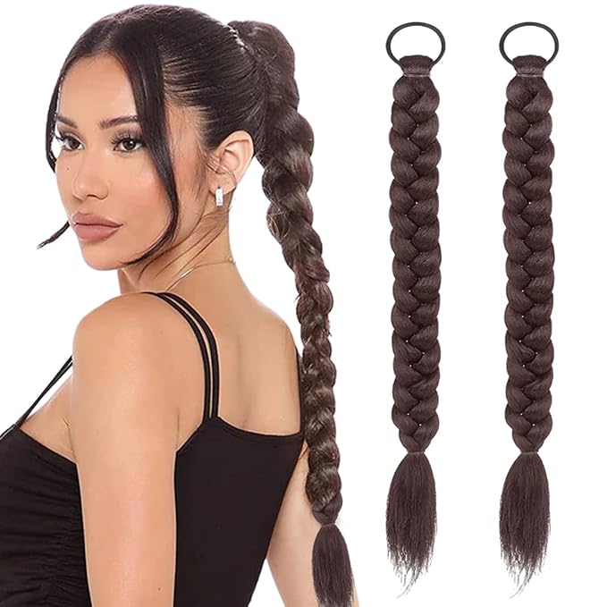 2Pcs Braided Ponytail Extensions with Hair Ties Soft Synthetic Hair Pieces Straight Wrap Around Hair Extensions Pony Tail Hairpieces Accessories for Women Daily Wear 16 Inch (Dark Brown)