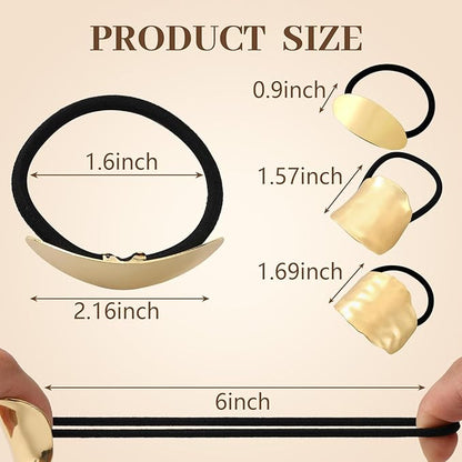3PCS Gold Hair Ties, Metal Hair Ties for Thick Hair, Elegant Durable Geometric Design Hair Cuffs, Gold Hair Accessories Stretchy and Non-Damage Ponytail Holders 3 Style