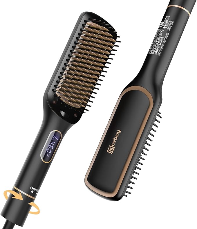 Nicebay Hair Straightener Brush with Rotatable Temperature Adjustment, 6 Temp Settings, Auto-Off, LED Display, Effective Hair Care for Women, Ceramic Heater Surface Material, Black & Gold
