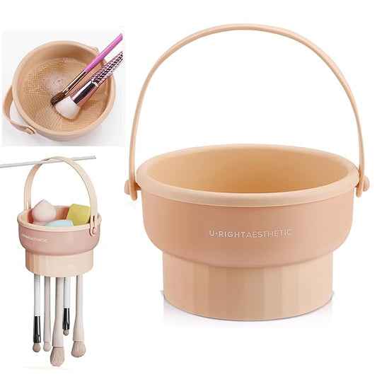 3 in 1 Brush Cleaning Mat with Brush Drying Holder, Silicone Makeup Brush Cleaner Mat Make Up Brush Cleaning Bowl Cosmetic Brush Washing Tool for Makeup Brush, Sponge, Powder Puff (Khaki)