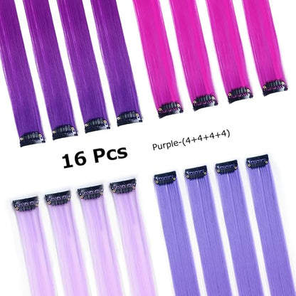 16Pcs Purple Colored Clip in Hair Extension Multi-colors Party Highlights Clip on Synthetic Hairpiece Halloween Cosplay Party Christmas Gift for Women Kids Girls 20inch (MIX Purple)