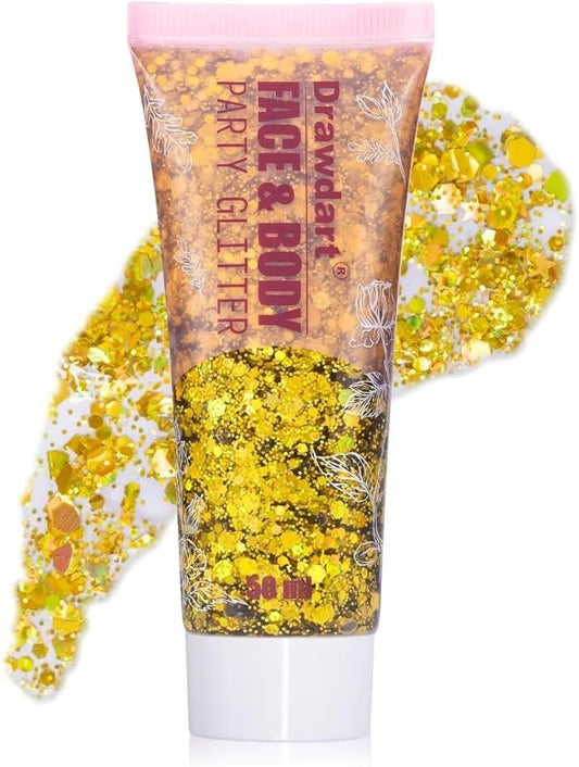 Face Body Glitter Gel, Gold Holographic Glitter Sequin for Face Body Hair,Halloween Festival Party Sparkling Gel Glitter Makeup for Women and Kids,50ml