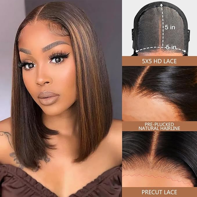 1B/30 Mixed Brown Wig Human Hair, Wear to Go Glueless Bob Wig Human Hair 200% Density 5x5 HD Lace Closure Wigs with Natural Hairline for Women(16 inch)