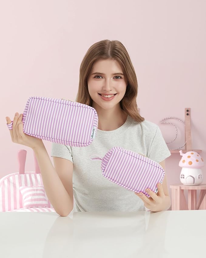 Narwey Small Makeup Bag for Purse Travel Makeup Pouch Mini Cosmetic Bag Zipper Pouch for Women (Purple Stripe, Small)