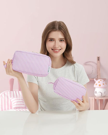 Narwey Small Makeup Bag for Purse Travel Makeup Pouch Mini Cosmetic Bag Zipper Pouch for Women (Purple Stripe, Small)