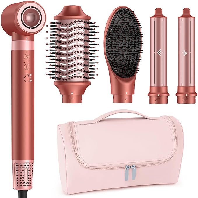 5 in 1 Rose Red High-Speed Hot Air Styler - Frizz-Free Hair Dryer Brush & Air Wrap, Fast Drying with No Heat Damage - Curl, Volumize, Straighten Travel Bag