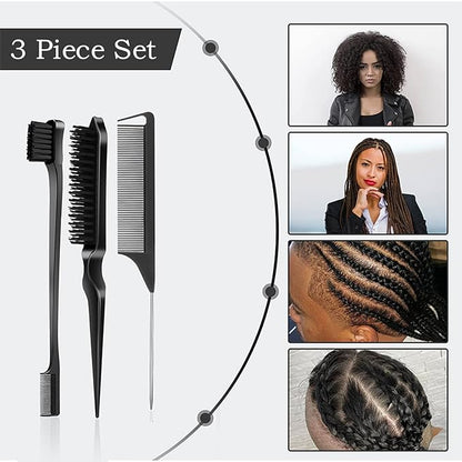 3 Pcs Slick Back Hair Brush, Rat Tail Comb, Edge | Bristle Brush, Hair Accessories for Girls, Kids, Toddlers Sleek Ponytail/Bun, Edge Control and Smoothing Baby Hair & Flyaways