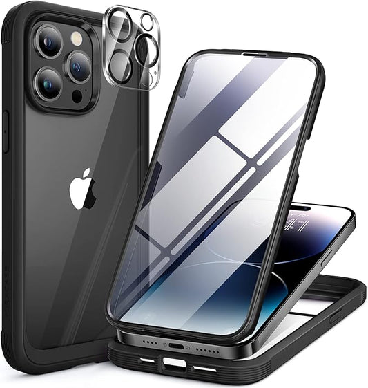 Miracase Glass Series Compatible with iPhone 14 Pro Case 6.1 Inch, Full-Body Clear Bumper Case with Built-in 9H Tempered Glass Screen Protector, with Camera Lens Protector, Black