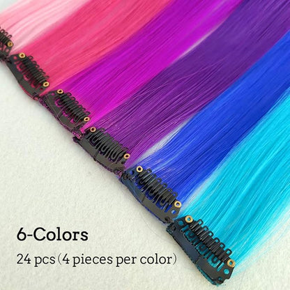 24 Packs Colored Clip in Hair Extensions 20'' Colorful Straight Hair Extensions Clip in for Kids Multi-Colors Party Highlights Hairpieces(Pink,Purple,Blue)