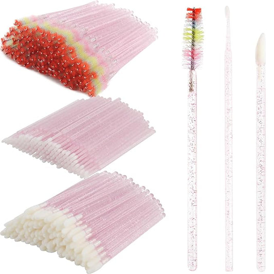 300 PCS Eyelash Extension Supplies Kit, Disposable Micro Swab, Crystal Eyebrow Spoolie, Lip Brush, Mascara Wand Applicator (Colorful + Light Pink)