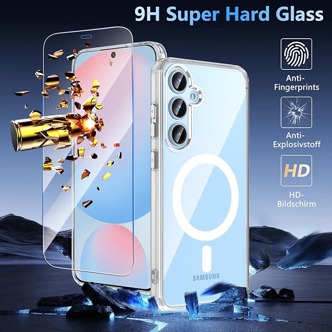 OWKEY for Samsung Galaxy S24 FE Case 6.7'', Magnetic Galaxy S24 FE Case for Magsafe with Tempered Screen Protector [Shockproof Military] Translucent Matte Bumper Phone Cover Samsung S24 FE 5G, Clear