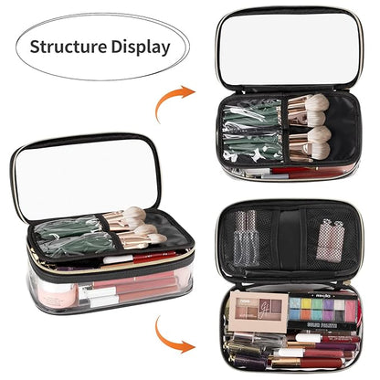 OCHEAL Clear Makeup Bag, Portable Storage Organizer Cosmetic Travel Bag Cute Pouch For Women and Girls Cosmetics Bags with Divider Brush Compartment-Transparent
